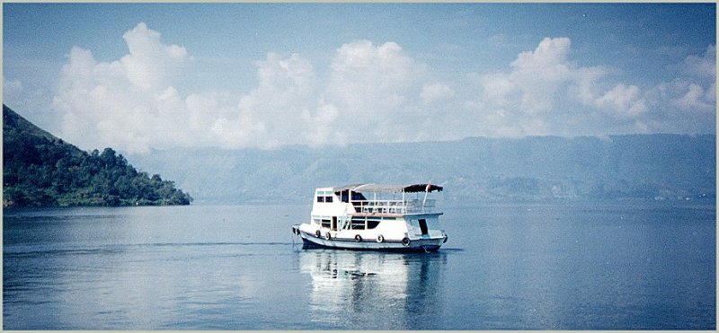 Ferry approaching Pulau Samosir in Lake Toba, Sumatra
