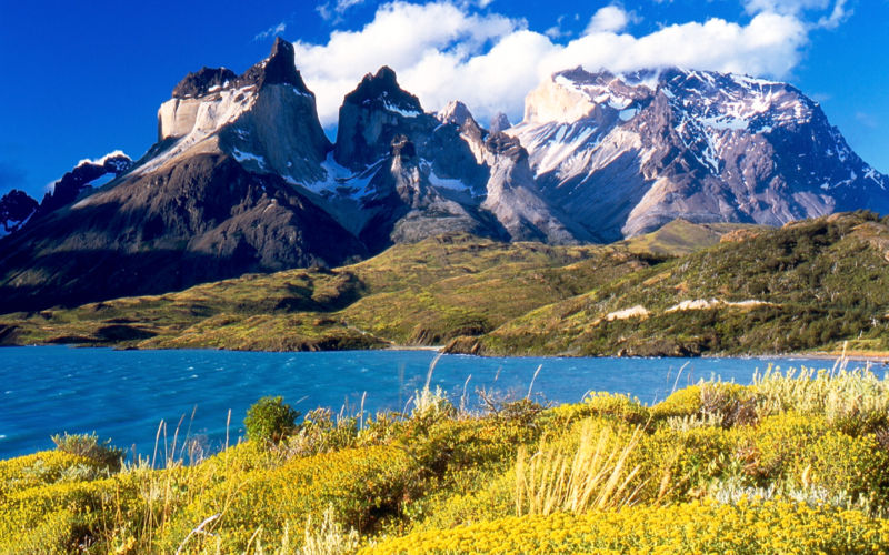 Torres del Paine from Lake Pehoé in Patagonia, Chile, South America